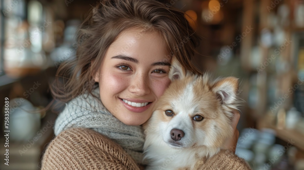 Smiling woman hugs a fluffy tan and white dog in a cozy indoor setting Smiling woman hugs a fluffy tan and white dog in a cozy indoor setting