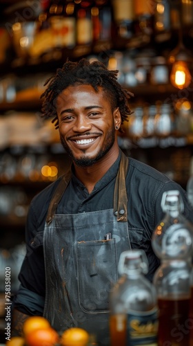 Smiling person with dreadlocks wearing an apron stands in a bar with bottles and oranges