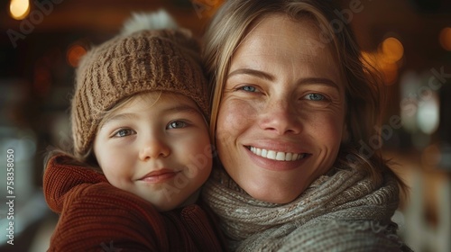 Smiling woman and child in warm hats and scarves share a close, affectionate embrace