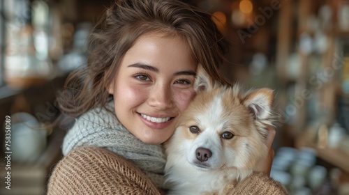 Smiling woman hugs a fluffy tan and white dog in a cozy indoor setting