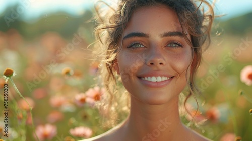 Smiling woman with freckles, surrounded by a field of flowers, basking in golden sunlight