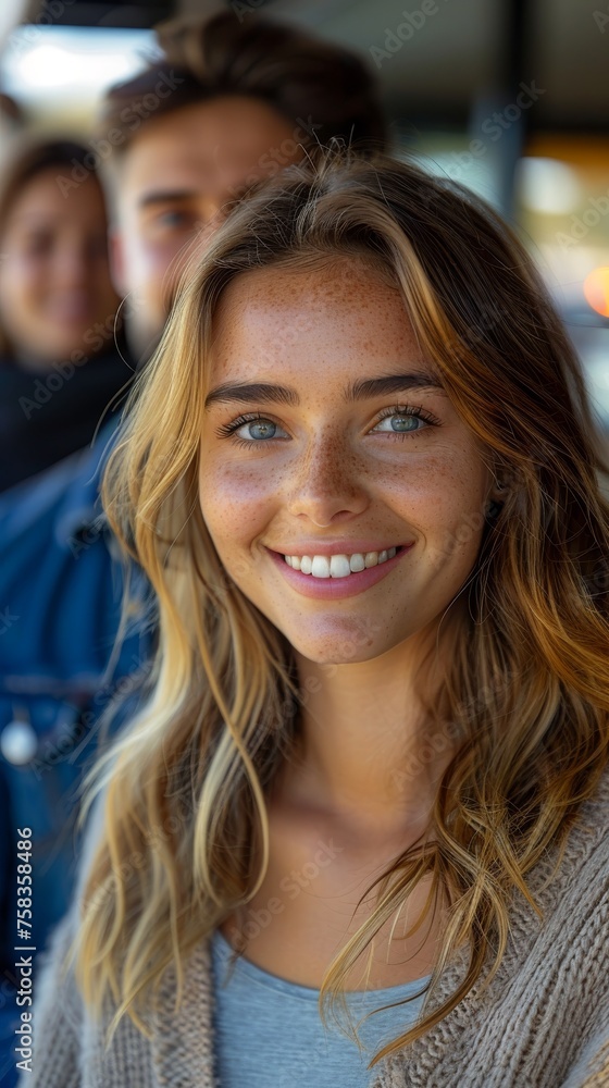 Smiling young woman with freckles in focus, two blurred individuals in the background, presumably friends Smiling young woman with freckles in focus, two blurred individuals in the background, presumably friends