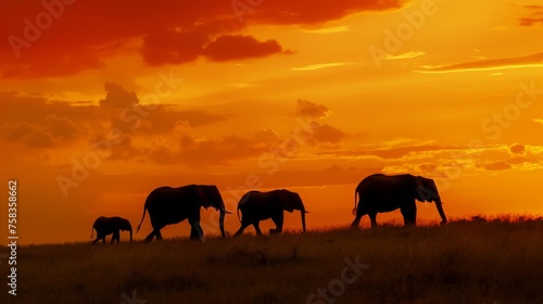 African Elephant Herd Trekking at Dusk in Silhouette.