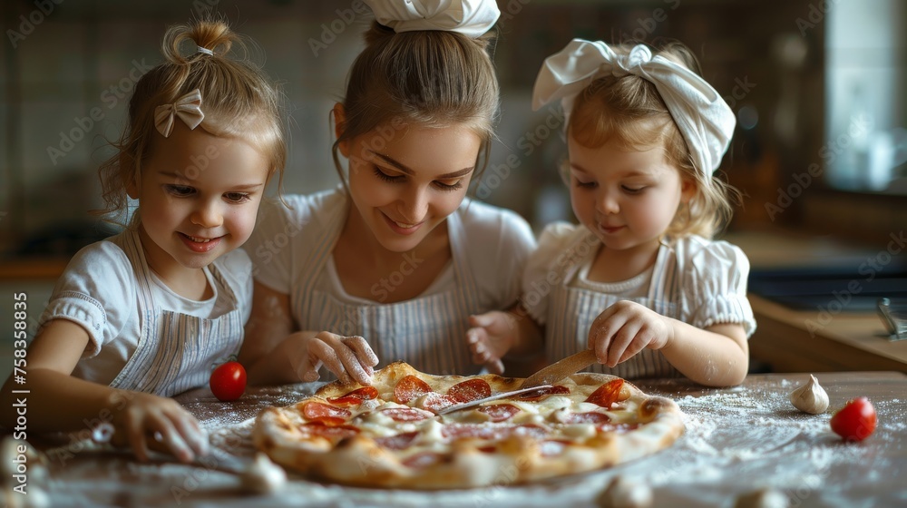 Fototapeta premium Three children in chef hats enjoy making pizza together in a cozy, warmly lit kitchen