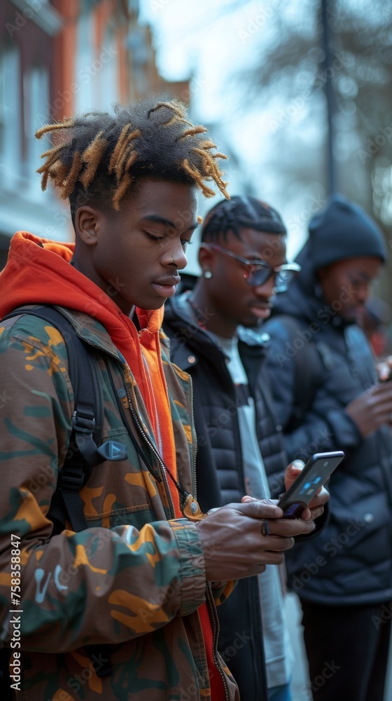Fototapeta premium Three individuals are focused on their smartphones, standing outdoors, with one prominently in the foreground