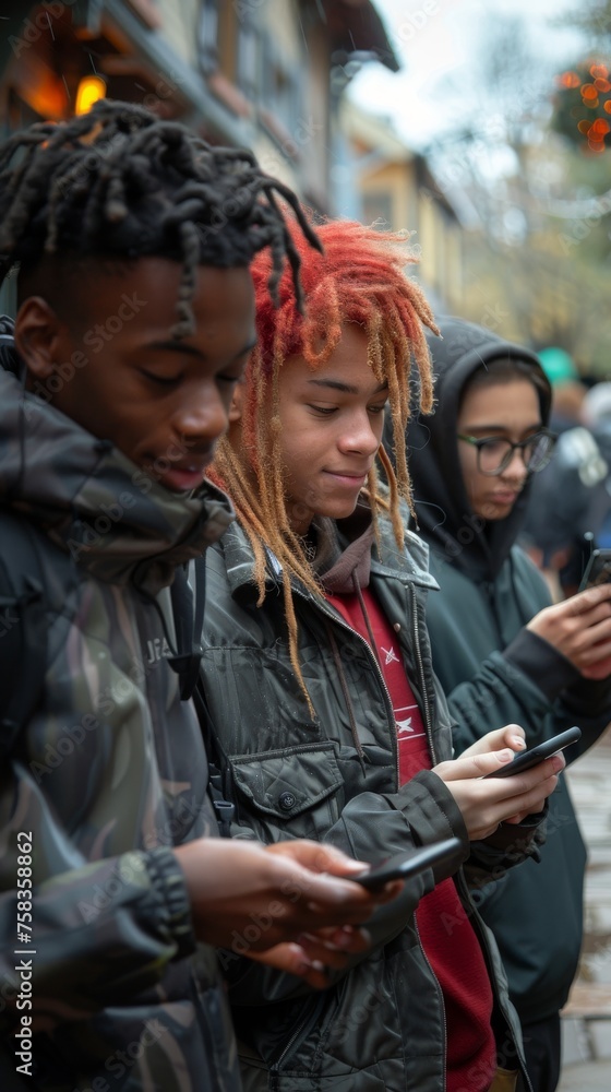 Fototapeta premium Three individuals engrossed in their smartphones, standing outdoors, with one having striking red and black hair