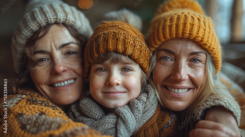 Three people smiling warmly, wearing knitted hats and scarves, radiate a cozy, familial, and affectionate atmosphere Three people smiling warmly, wearing knitted hats and scarves, radiate a cozy, familial, and affectionate atmosphere