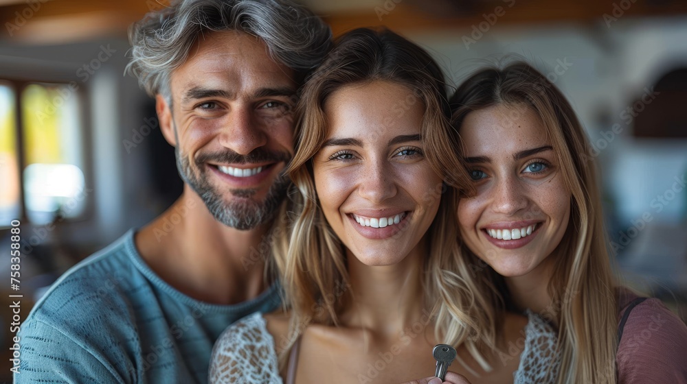 Three smiling people taking a selfie, two women and a man, inside a well-lit room Three smiling people taking a selfie, two women and a man, inside a well-lit room
