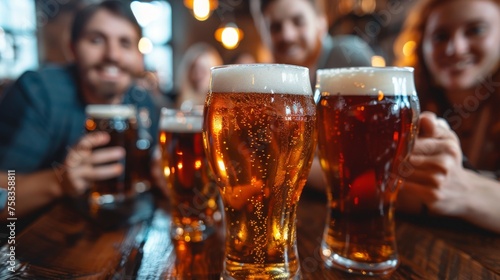 Three glasses of beer in focus with smiling people in the background at a bar