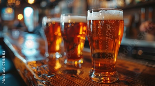 Three glasses of beer with frothy heads are lined up on a wooden bar counter