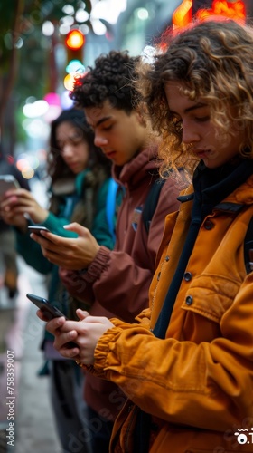 Three young individuals engrossed in their smartphones on a city street with blurry lights in background © TheGoldTiger