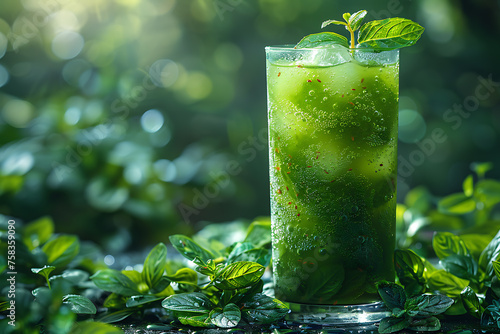 A vibrant and refreshing herbs and fruits juice in a clear glass, surrounded by fresh herbs and fruits, symbolizing a health food concept and healthy eating lifestyle