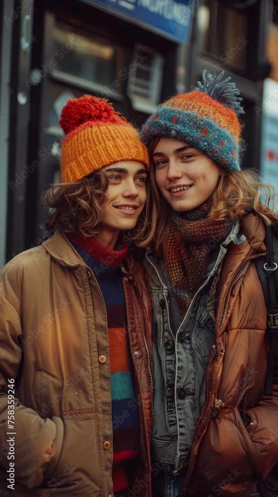 Two individuals smiling, wearing colorful winter hats and scarves, are standing close together outdoors