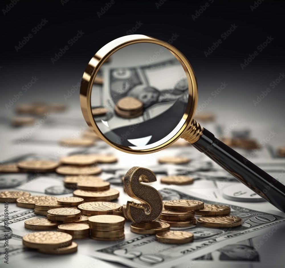 Currency quest magnifying glass, exploring coins and dollars
