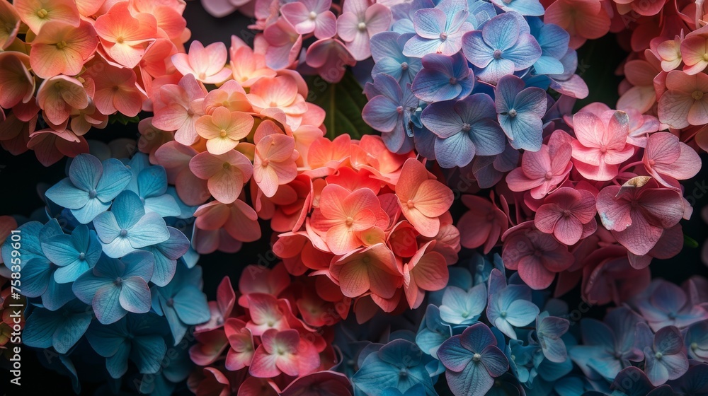 Vibrant array of multicolored hydrangea flowers, showcasing shades of blue, pink, and coral against a dark background
