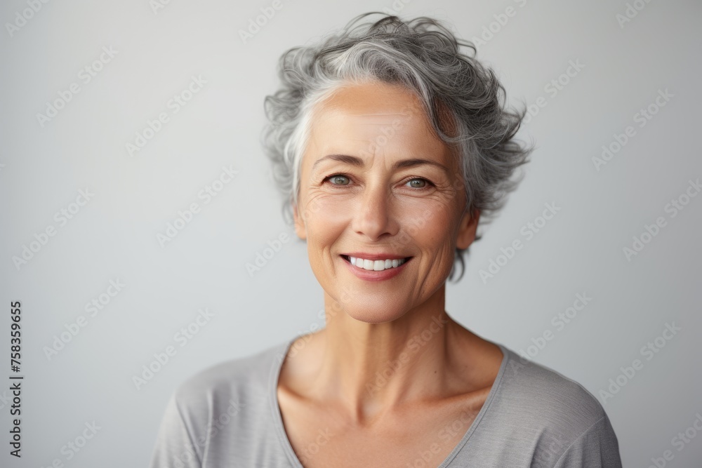 Portrait of smiling senior woman with grey hair. Grey background. Portrait of smiling senior woman with grey hair. Grey background.