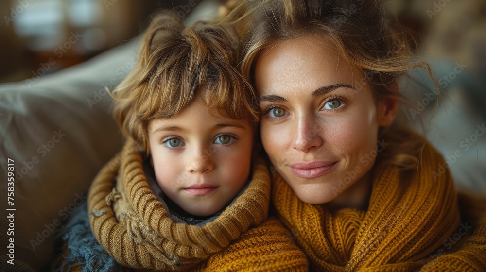 Fototapeta premium Woman and a child with captivating eyes, snuggled closely, wear warm sweaters, exuding familial warmth
