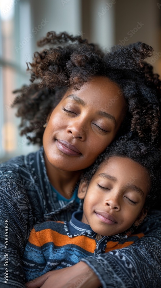 Woman and a young boy are embracing each other with eyes closed, sharing a tender moment Woman and a young boy are embracing each other with eyes closed, sharing a tender moment