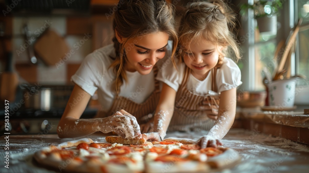 Woman and a young girl are joyfully preparing a pizza together in a home kitchen Woman and a young girl are joyfully preparing a pizza together in a home kitchen