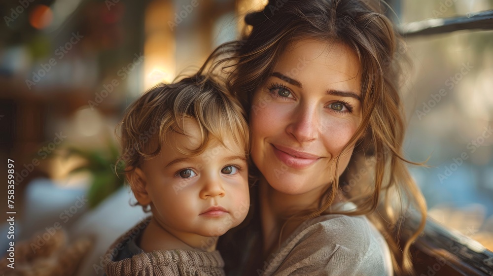 Woman and a young child are close together, sharing a warm, affectionate moment Woman and a young child are close together, sharing a warm, affectionate moment
