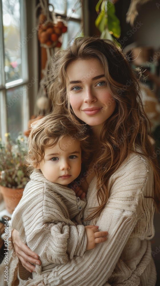 Obraz premium Woman holding a young child, both wearing cozy sweaters, surrounded by warm indoor plant decor