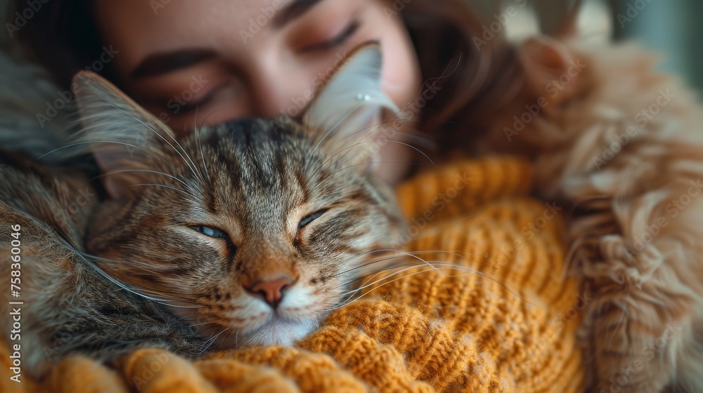 Woman in a knitted sweater gently embraces a sleeping cat, sharing a moment of affection