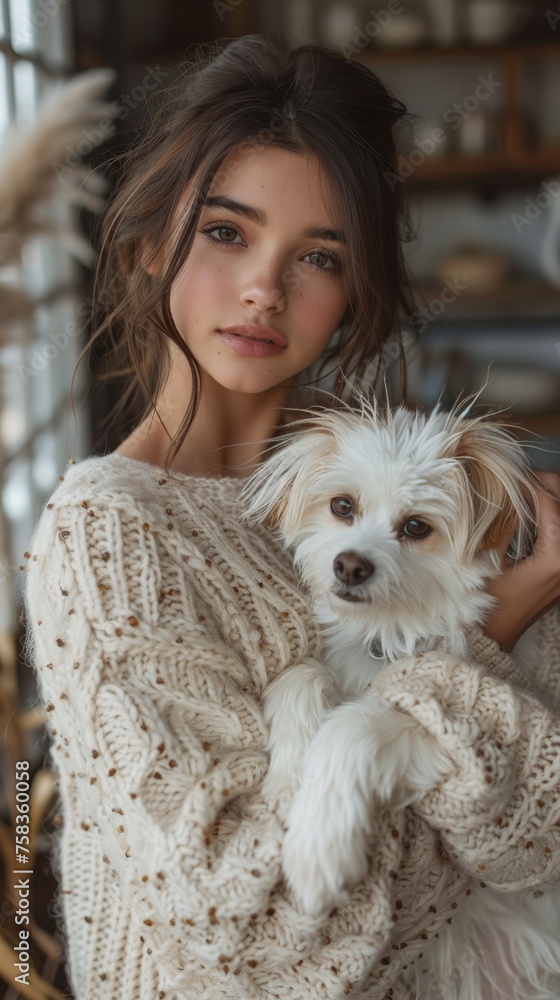 Woman in a textured sweater holds a small white dog, both looking at the camera Woman in a textured sweater holds a small white dog, both looking at the camera