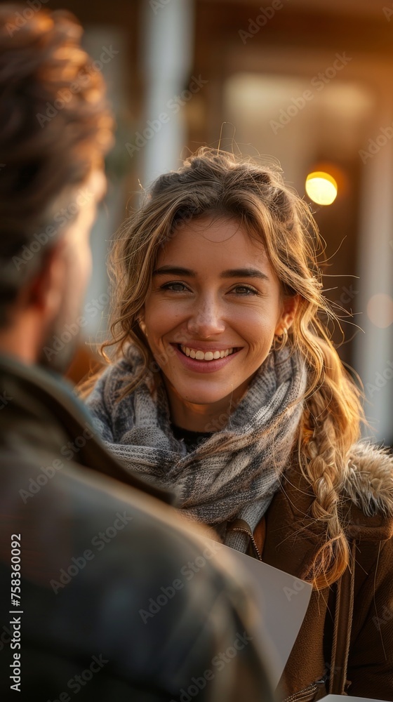 Woman is smiling and looking at someone, with bokeh lights creating a warm background glow