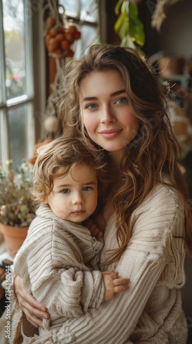 Woman holding a young child, both wearing cozy sweaters, surrounded by warm indoor plant decor