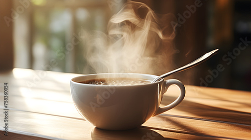 Serene Morning Scene with Hot Coffee Cup and Spoon on Rustic Wooden Table