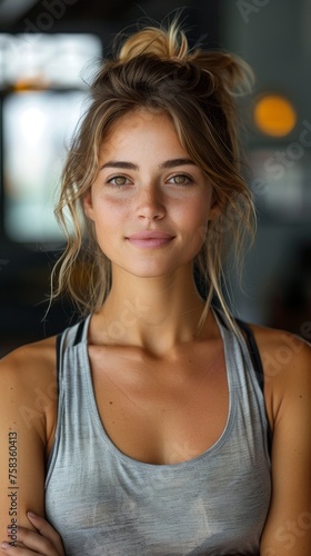 Young woman with a messy bun, wearing a gray tank top, smiling gently indoors © TheGoldTiger
