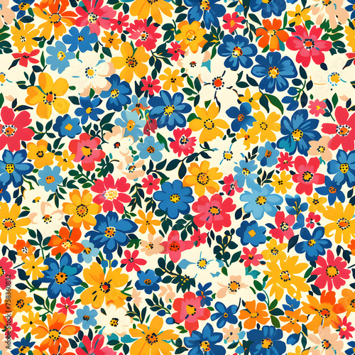 A ditsy floral pattern featuring small, scattered flowers in pastel colors. It has a vintage and feminine feel, perfect for textile and fashion design.