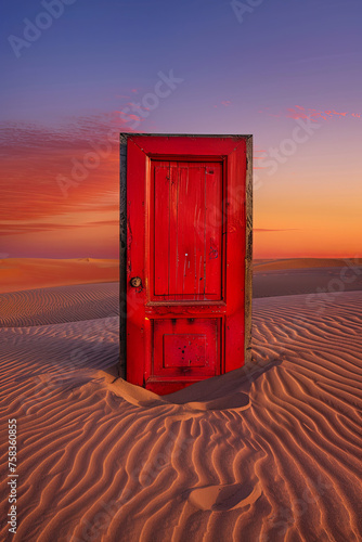A red door portal in a natural landscape that can travel to any places