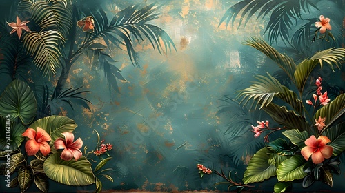 Tropical vintage botanical illustration palm tree plant floral border background Exotic green jungle illustration with palm tree and floral border