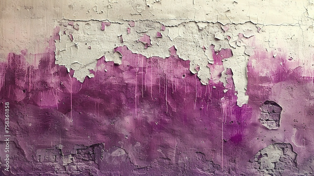 Obraz premium Messy paint strokes and smudges on an old painted wall. Purple, beige, white color drips, flows, streaks of paint and paint sprays