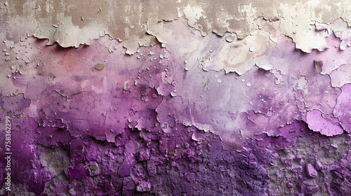 Messy paint strokes and smudges on an old painted wall. Purple, beige, white color drips, flows, streaks of paint and paint sprays photo