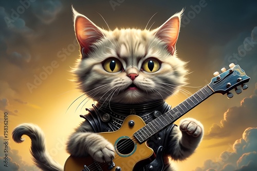 Musician cat plays the guitar and sings.