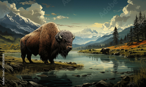 Natural autumn landscape, bison grazing by the river.