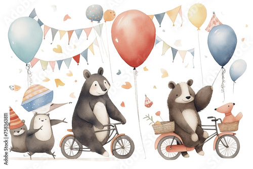 air illustration drawn birthday bikes animals baby cute bear watercolor badger hand celebration image beautiful baloons party rabbit stock