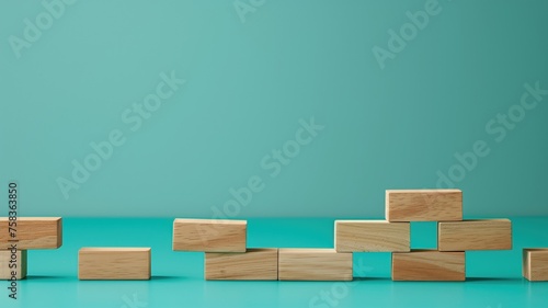 Wooden blocks strategically placed on a turquoise background