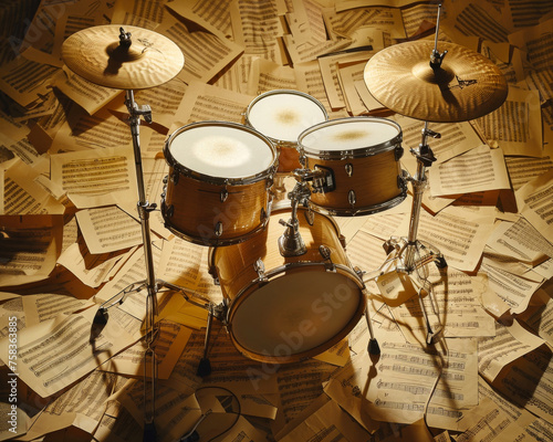 A dynamic scene of a vintage drum kit surrounded by scattered sheets of music notes © JR-50
