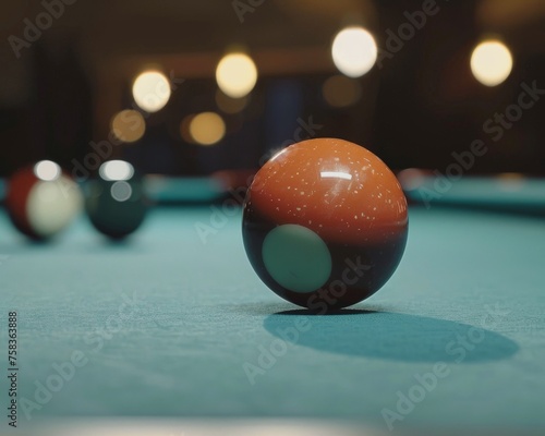 A dynamic shot of a billiard ball striking others at the start of a game with a close-up on the impact point