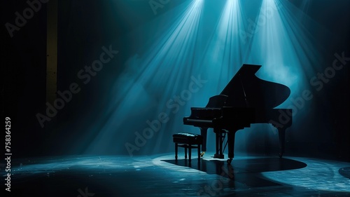 A grand piano awaits its performer on a dark stage, highlighted by a single blue spotlight
