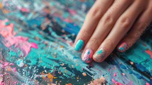 Vibrant manicure on colorful abstract background