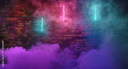 Neon-Lit Brick Wall with Multicolored Smoke in Dark Empty Background photo