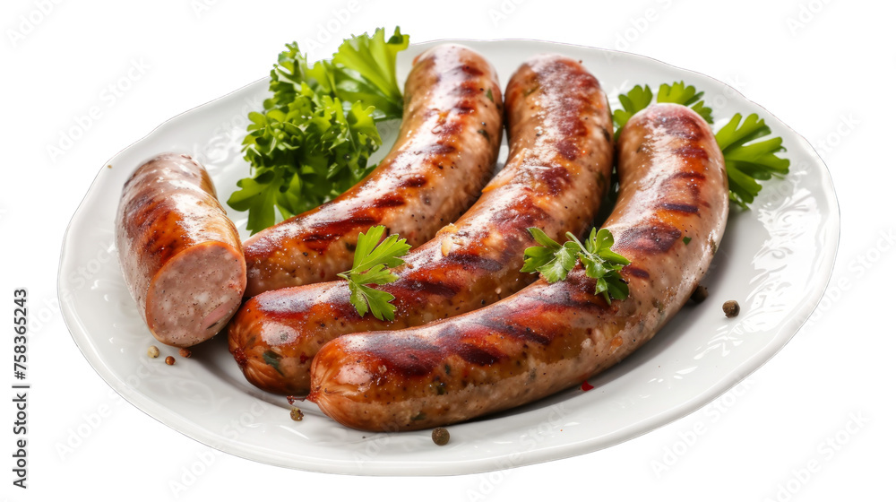 Bratwurst on a plate isolated on transparent png background. Generative ai Bratwurst on a plate isolated on transparent png background. Generative ai