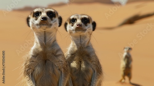 Adorable Meerkats Standing in Sandy Desert Lens Blur