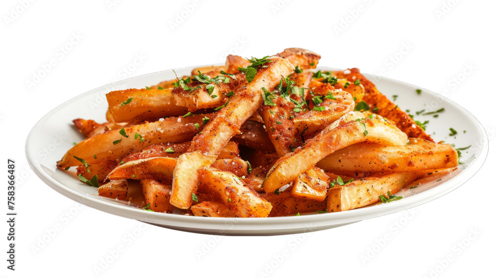 Cajun Fries on a plate isolated on transparent png background. Generative ai Cajun Fries on a plate isolated on transparent png background. Generative ai