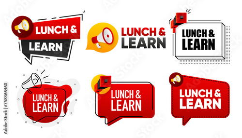 Lunch and Learn. Megaphone label collection with text. Marketing and promotion. Vector Illustration.