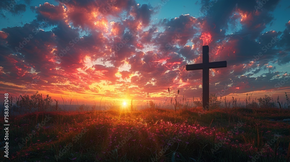 Silhouette of a cross with the rising sun painting the sky in vibrant hues. Easter morning. Wooden cross in a field at sunrise. Concept of Easter, hope, resurrection celebration, spiritual awakening